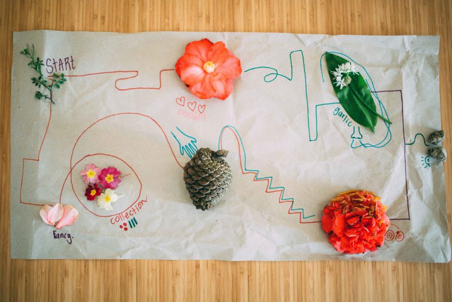 Overview of a hand drawn map depicting a simple journey. The map has leaves a pine cone and flowers on it.