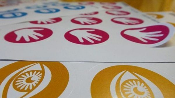 Stickers with hand drawn images of the senses. Eyes, hands and mouth