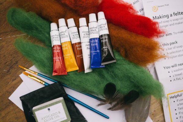 Paints, paintbrushes, felt and instructions for some activities