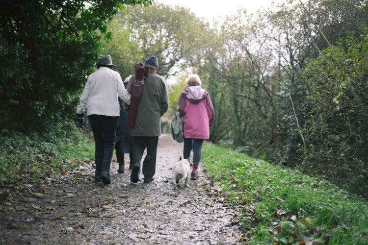 A group of people walk along an informal outdoor path away from the camera there is also a white dog