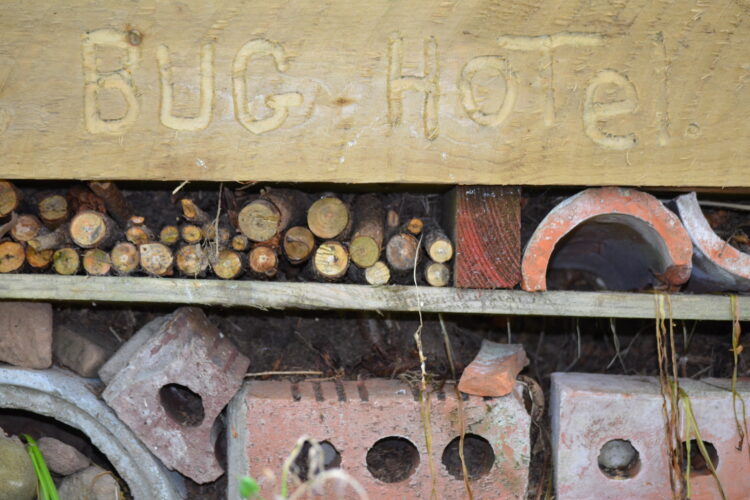 A bug hotel made from sticks, bricks, and clay pipes with gaps for insects to live