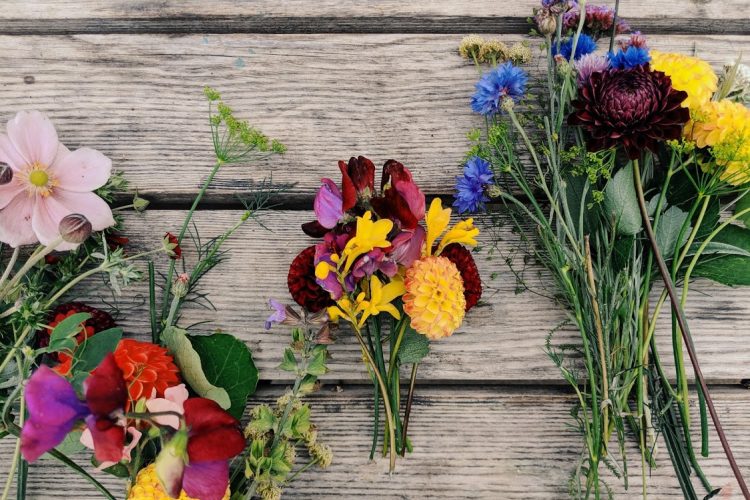 A display of hand-cut flowers on a table