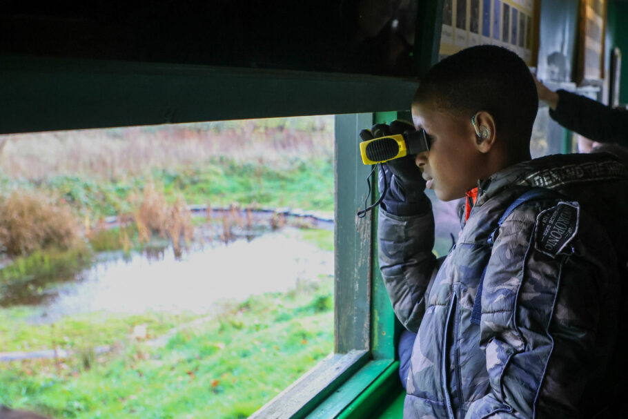 Child looks out of a bird hide window with binoculars