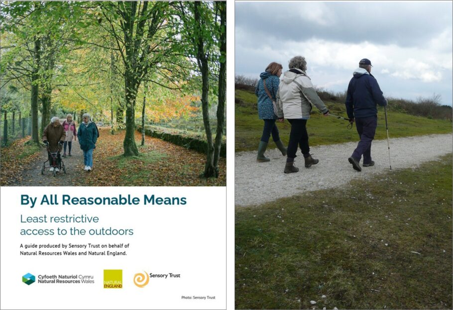 Cover of By All Reasonable Means guide and an image showing three people walking along a countryside trail